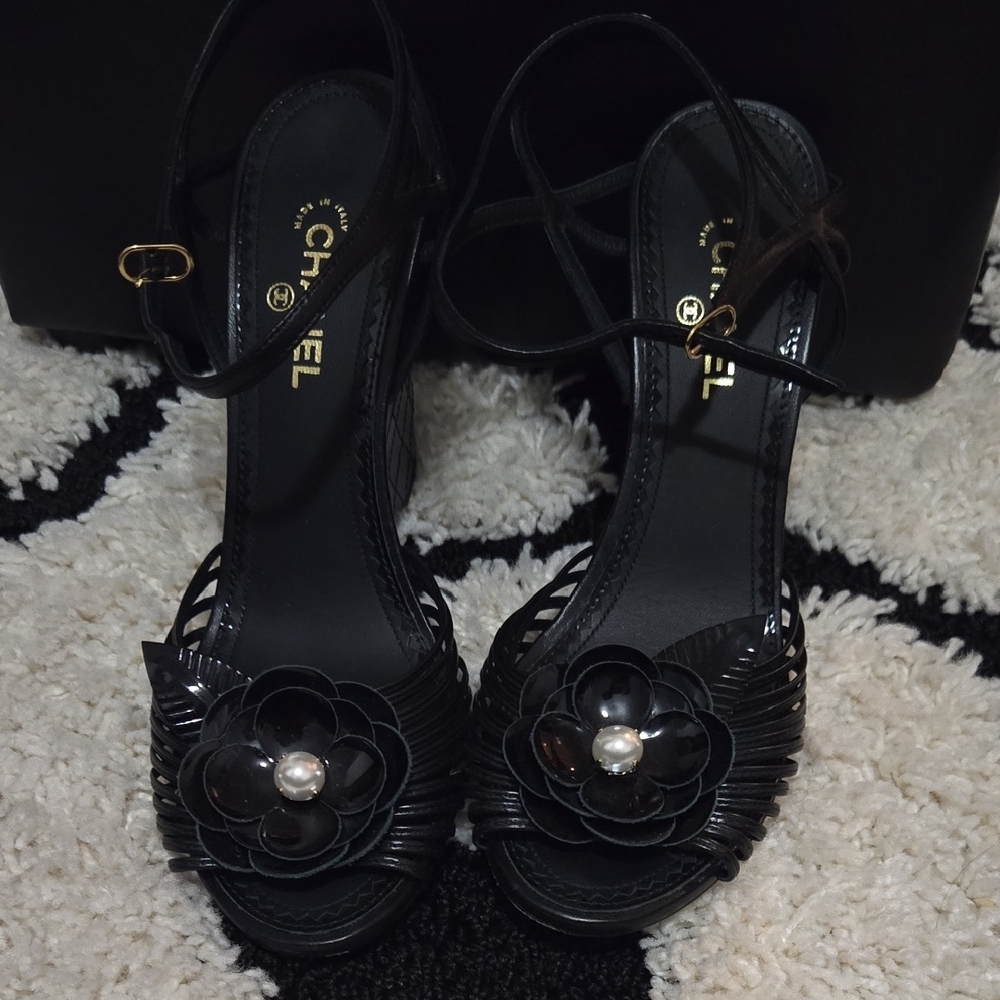 CHANEL Black Camellia Pearl Sandals Wedge Heels